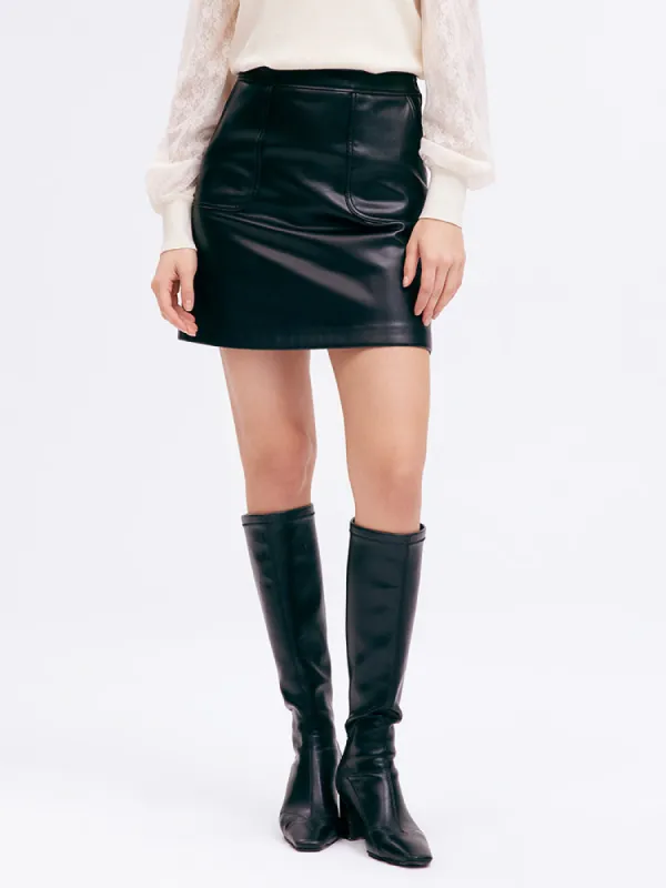 Black A-Line Leather Mini Women Skirt made by Goelia