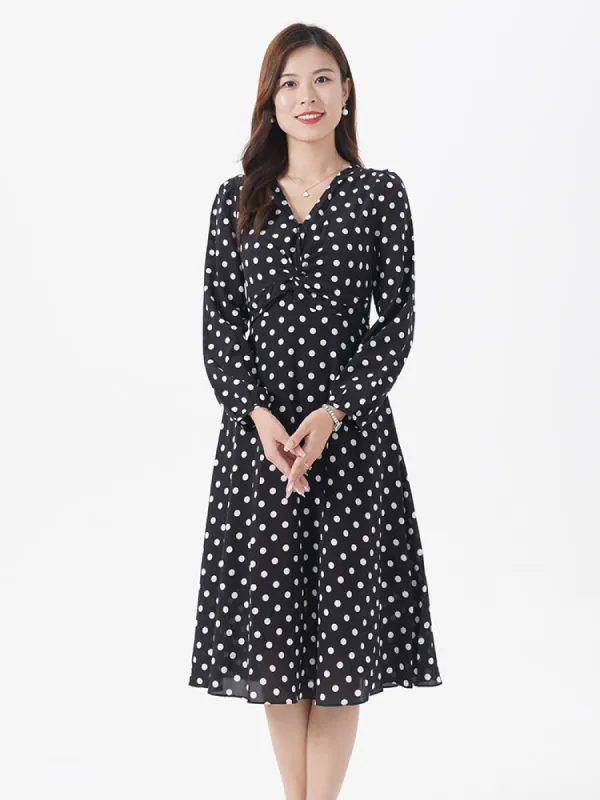 V-Neck Silk Polka Dot Midi Dress sold by Goelia