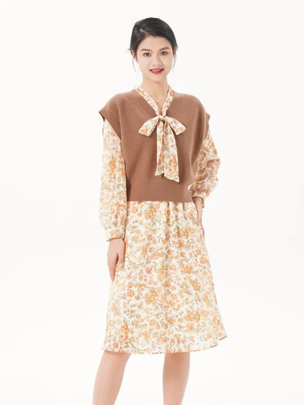 Gold Satin Chiffon Dress And Vest Two-piece Set sold by Goelia