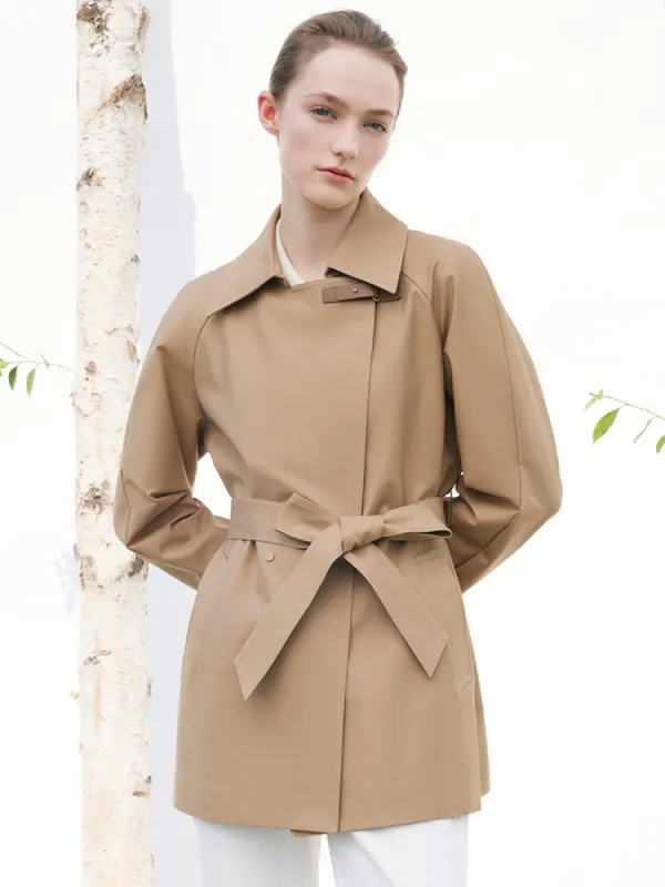 Camel Crop Lace-up Leather Buckle Trench Coat sold by Goelia