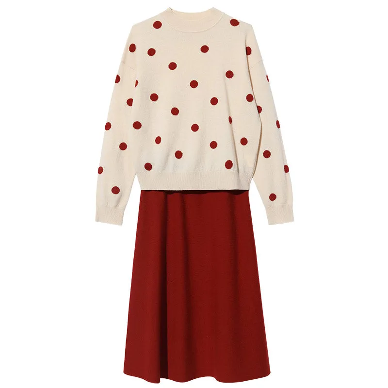 Woolen Polka Dots Jacquard Women Sweater And Half Skirt Two-Piece Set sold by Goelia product image thumbnail 5
