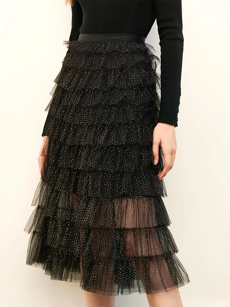 Black Mesh Layered Skirt sold by Goelia