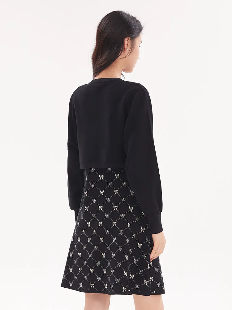 Bowknot Round Neck Jacquard Dress And Cardigan Two-piece Set sold by Goelia product image thumbnail 3