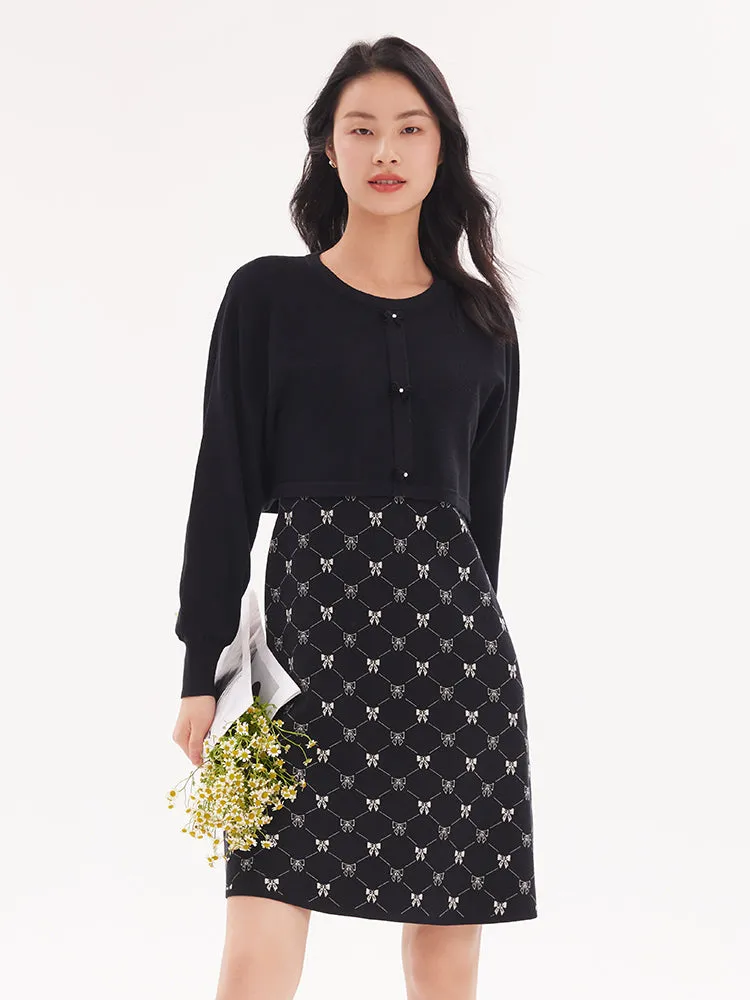 Bowknot Round Neck Jacquard Dress And Cardigan Two-piece Set sold by Goelia