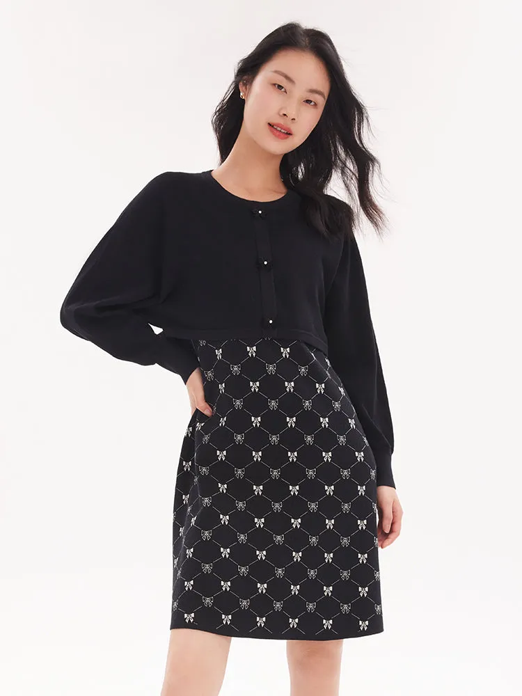 Bowknot Round Neck Jacquard Dress And Cardigan Two-piece Set sold by Goelia product image thumbnail 2
