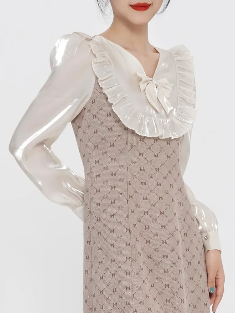 Knitted Ruffle V-Neck Patchwork Dress With Bowknot sold by Goelia product image thumbnail 3