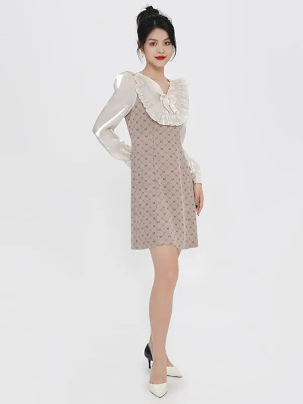 Knitted Ruffle V-Neck Patchwork Dress With Bowknot sold by Goelia