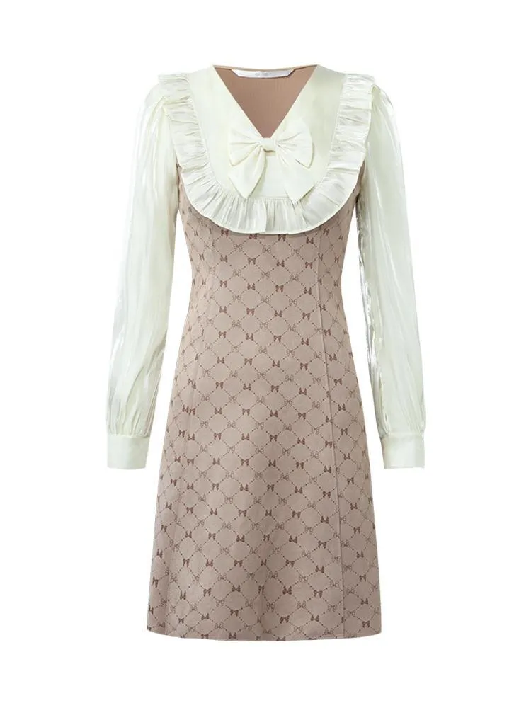 Knitted Ruffle V-Neck Patchwork Dress With Bowknot sold by Goelia product image thumbnail 5