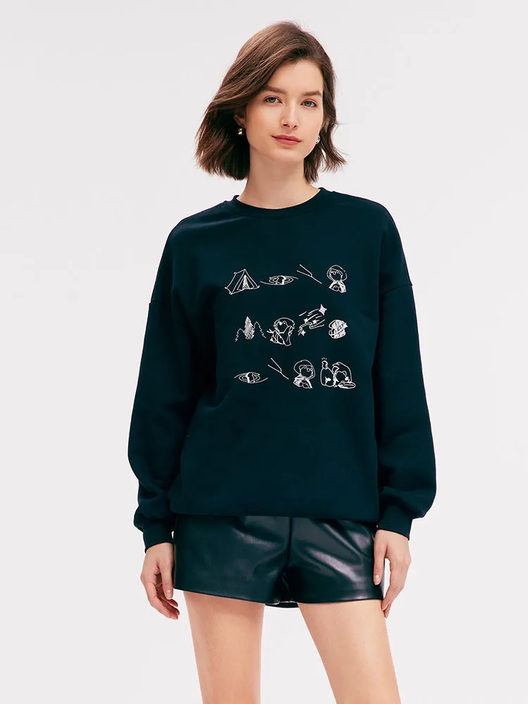 Cotton Round Neck Cartoon Print Black Women Hoodie sold by Goelia