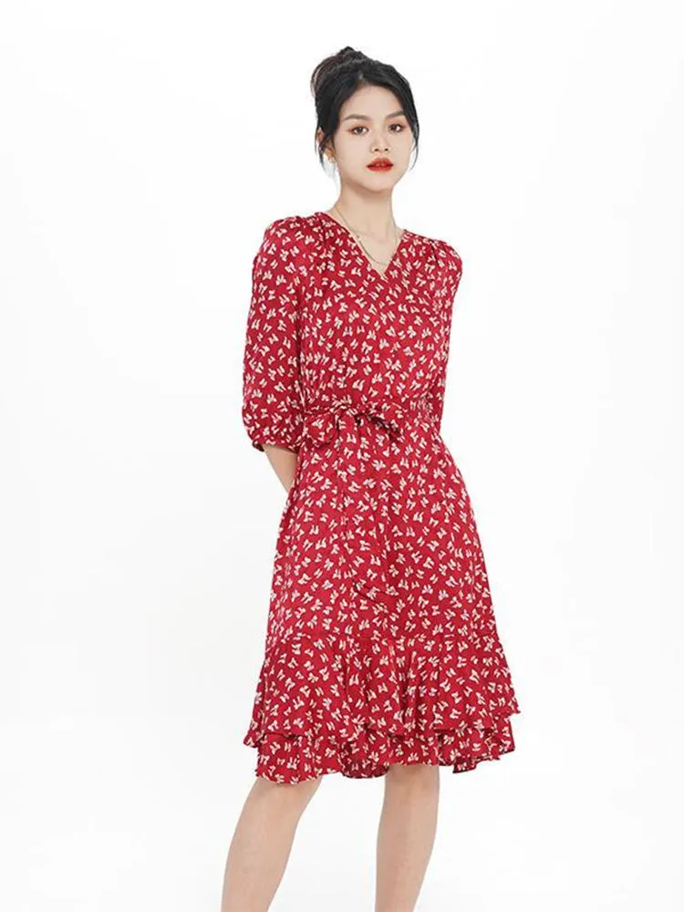 V-neck Floral Bowknot Midi Dress sold by Goelia