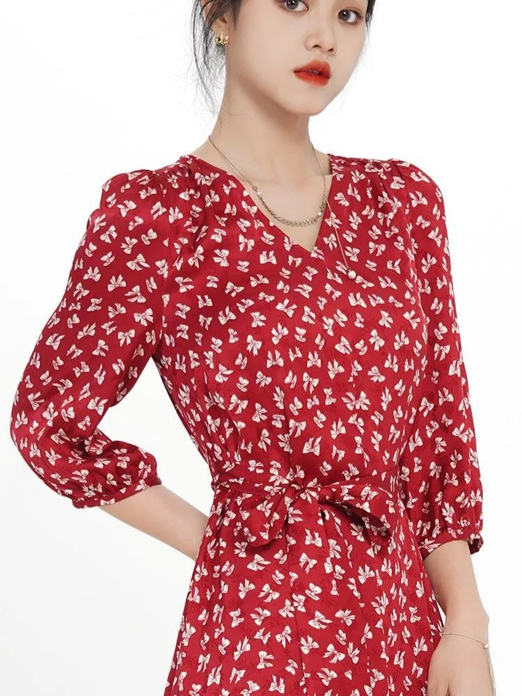 V-neck Floral Bowknot Midi Dress sold by Goelia product image thumbnail 4