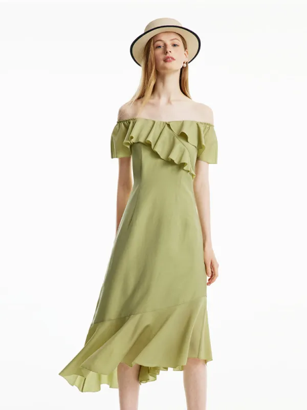 Matcha Green Off Shoulder Ruffle Midi Dress made by Goelia