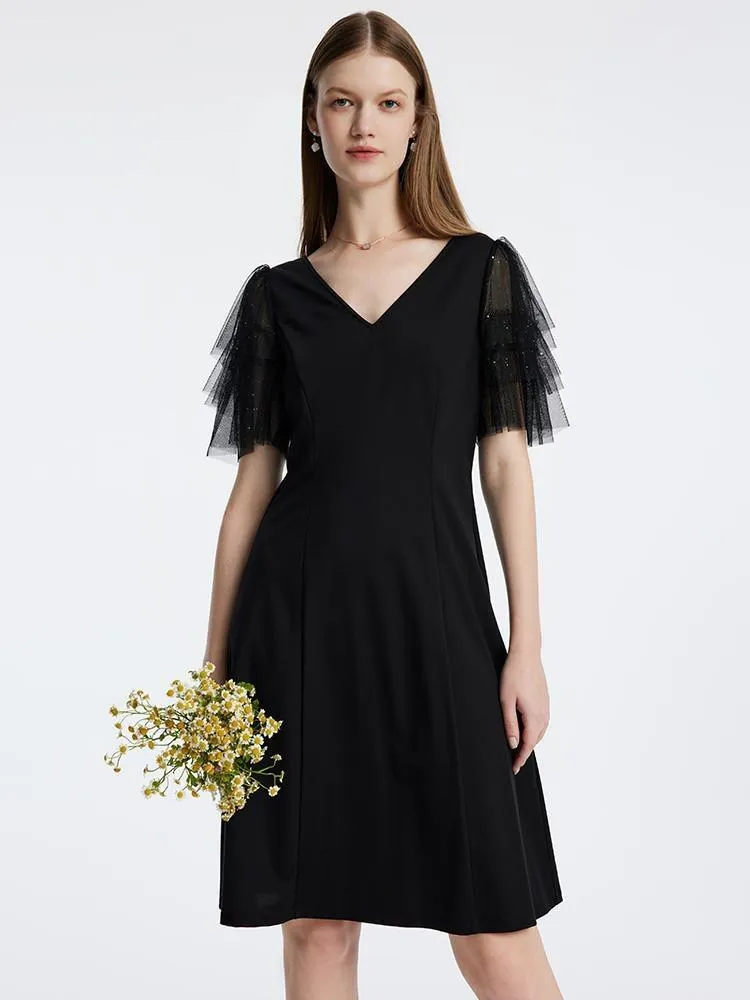 Mesh Sleeve Sequin Patchwork Knit Midi Dress sold by Goelia