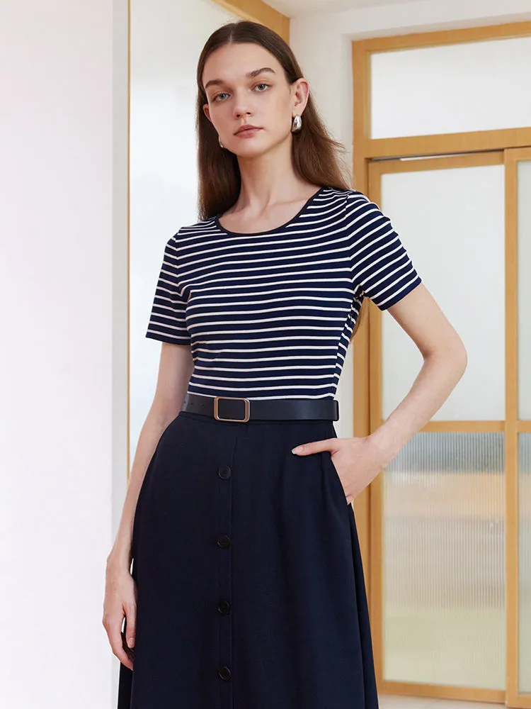 Stripe Patchwork Midi Dress With Belt sold by Goelia product image thumbnail 2