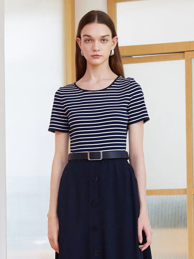 Stripe Patchwork Midi Dress With Belt sold by Goelia product image thumbnail 5