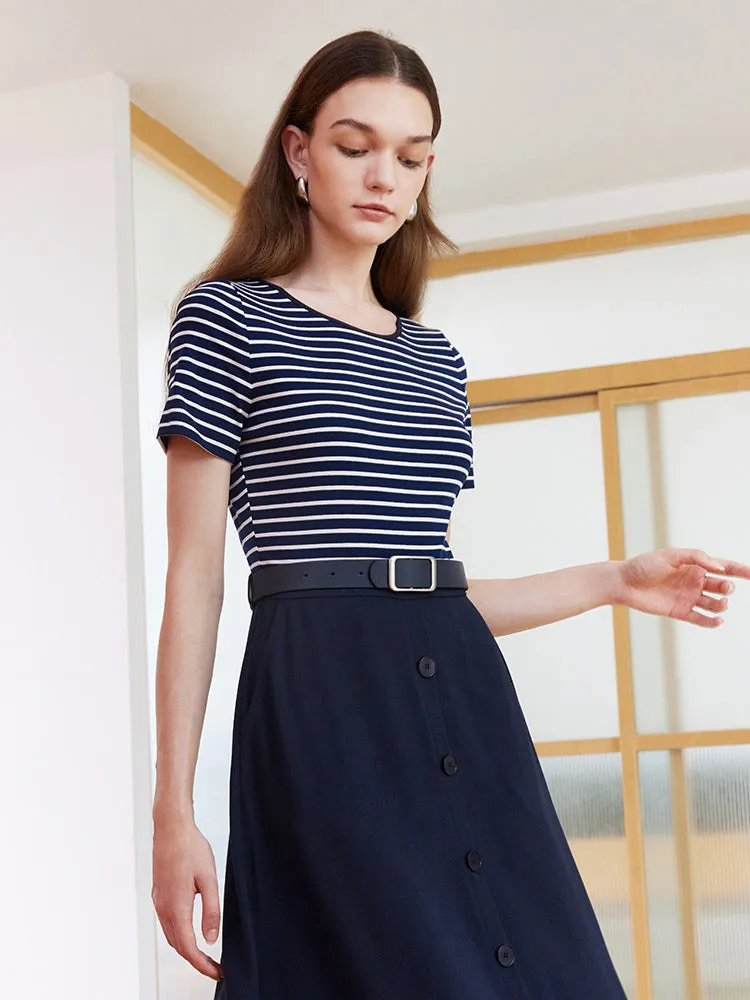 Stripe Patchwork Midi Dress With Belt sold by Goelia product image thumbnail 4