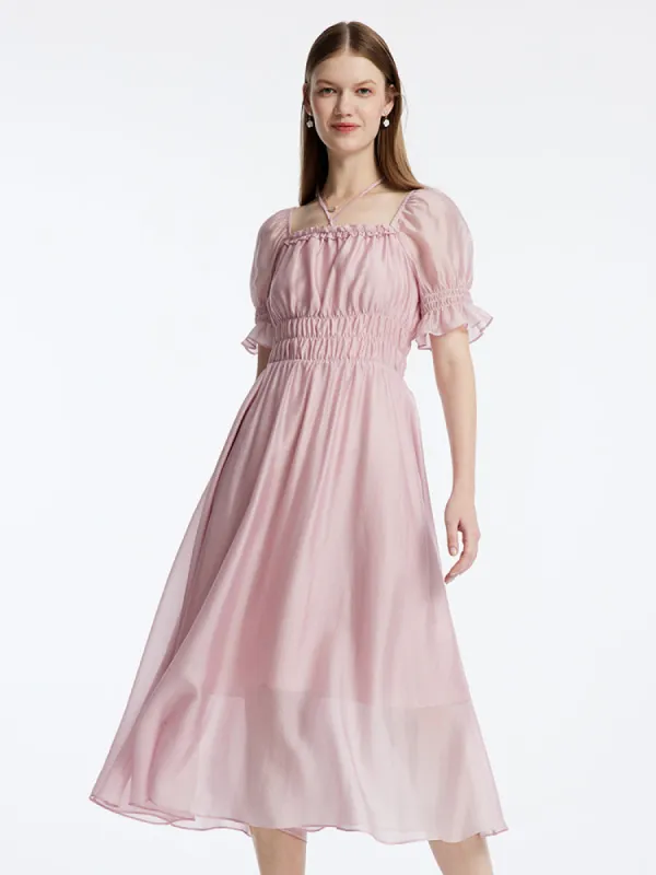 Pink Bubble Sleeve Midi Dress sold by Goelia