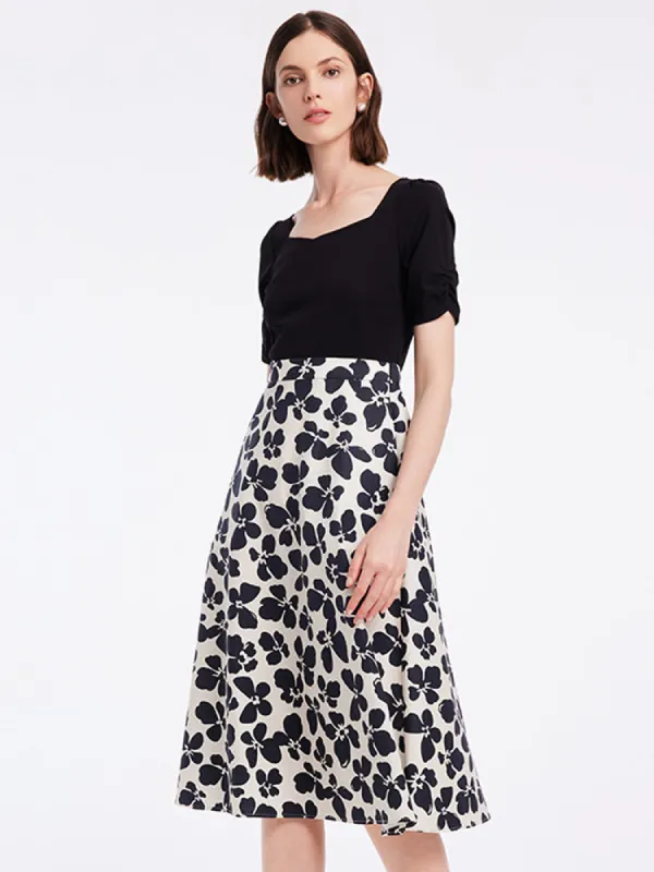 Black Floral Gathered Waist Midi Dress sold by Goelia