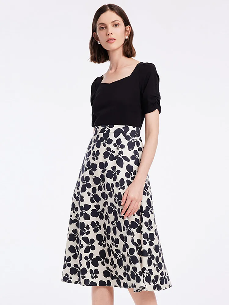 Black Floral Gathered Waist Midi Dress sold by Goelia