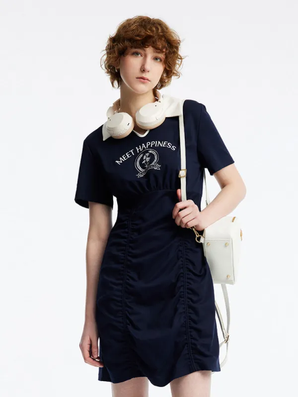 Polo Neck Letter Print Ruched Knit Mini Dress sold by Goelia