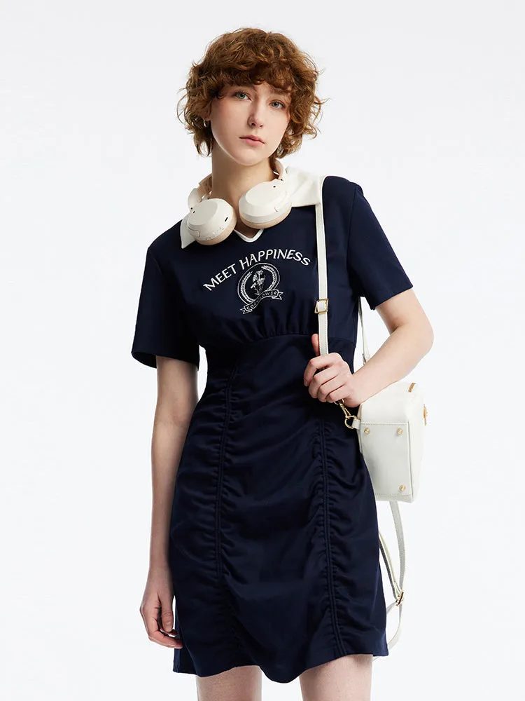Polo Neck Letter Print Ruched Knit Mini Dress sold by Goelia