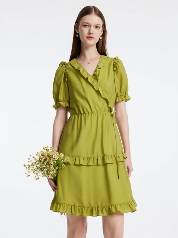 Green One-piece Ruffle V-Neck Mini Dress made by Goelia