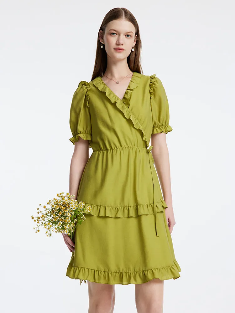 Green One-piece Ruffle V-Neck Mini Dress sold by Goelia