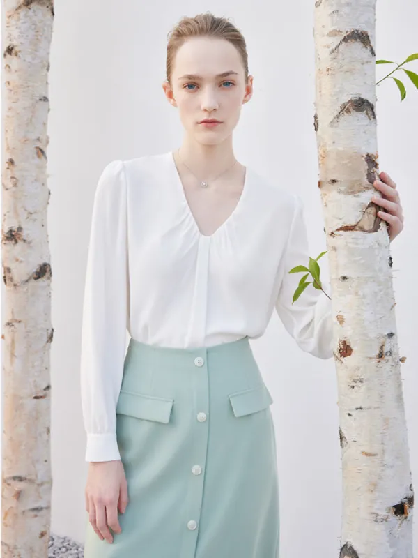 White Acetate V-Neck Women Blouse sold by Goelia