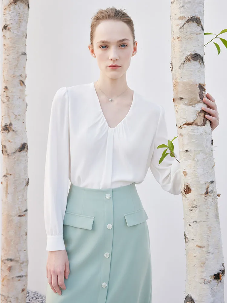 White Acetate V-Neck Women Blouse sold by Goelia