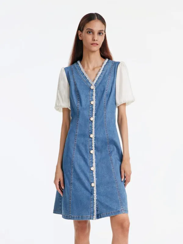 Denim Patchwork V-Neck Midi Dress sold by Goelia