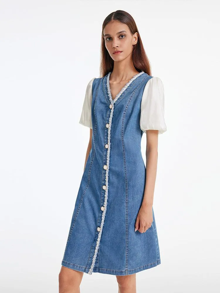 Denim Patchwork V-Neck Midi Dress sold by Goelia product image thumbnail 3