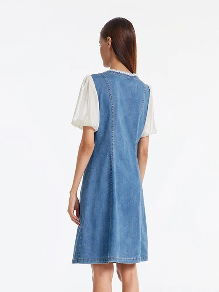 Denim Patchwork V-Neck Midi Dress sold by Goelia product image thumbnail 5