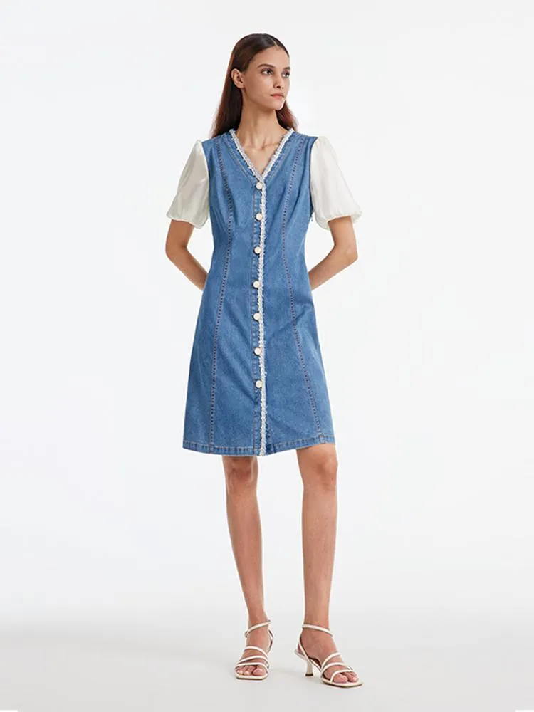 Denim Patchwork V-Neck Midi Dress sold by Goelia product image thumbnail 2