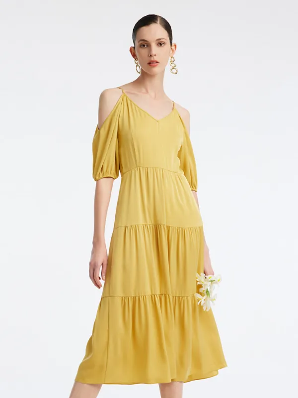 22 Momme Silk Cold Shoulder Tiered Midi Dress sold by Goelia