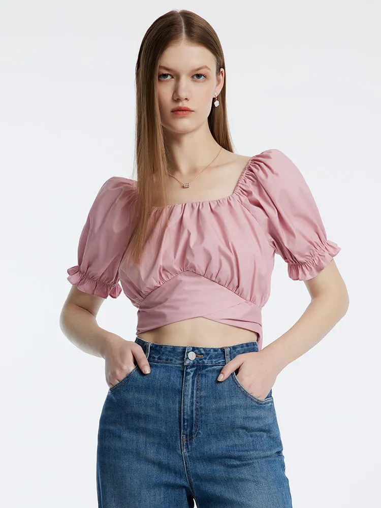 Pink Bowknot Pleated Princess Sleeve Women Blouse sold by Goelia