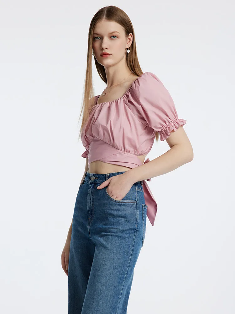 Pink Bowknot Pleated Princess Sleeve Women Blouse sold by Goelia product image thumbnail 5