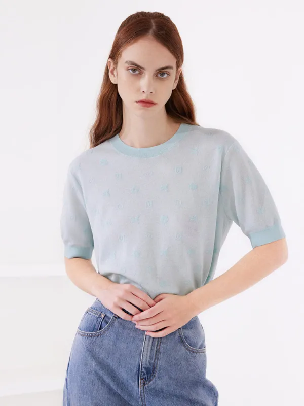 Blue Round Neck Jacquard Sweater sold by Goelia