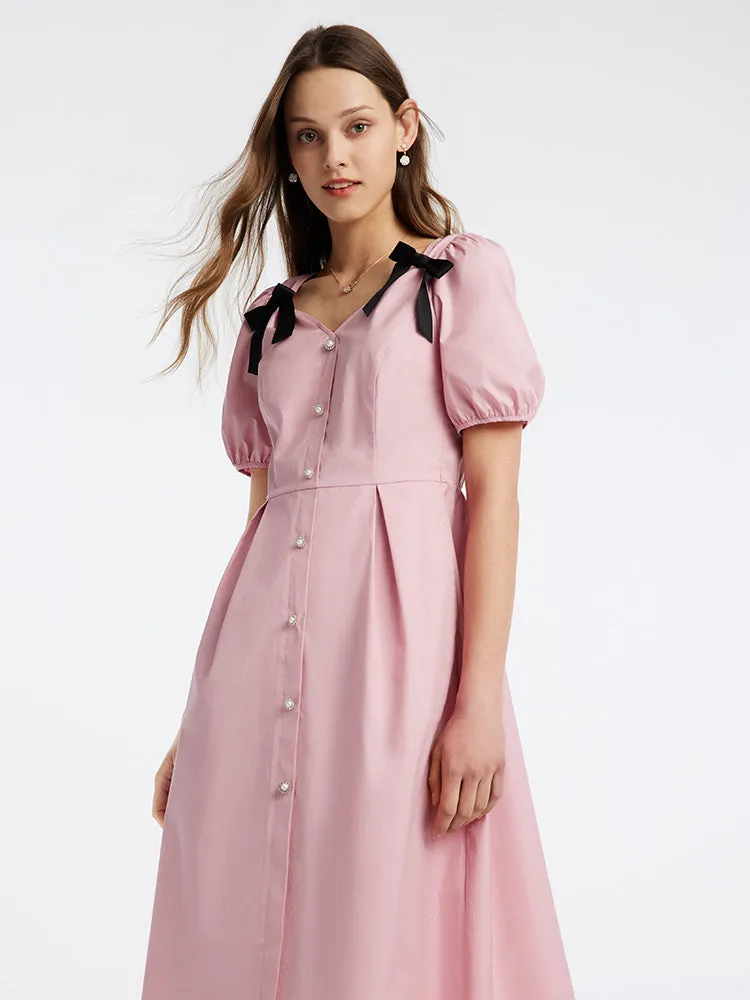 V-Neck Bow Gathered Waist Knee-Length Dress sold by Goelia product image thumbnail 3