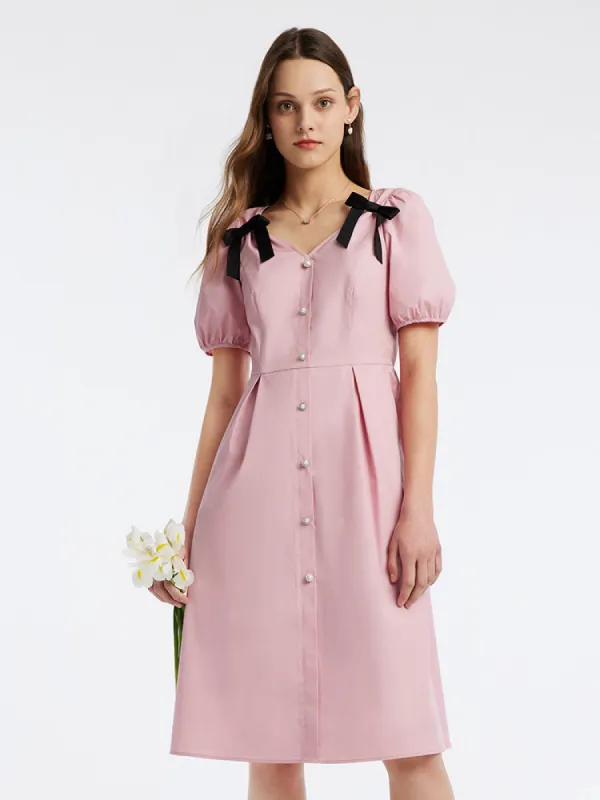 V-Neck Bow Gathered Waist Knee-Length Dress sold by Goelia