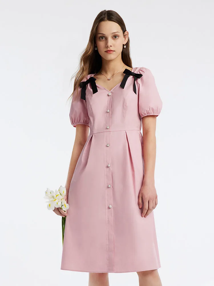 V-Neck Bow Gathered Waist Knee-Length Dress sold by Goelia