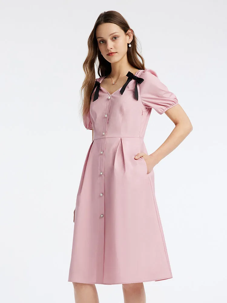 V-Neck Bow Gathered Waist Knee-Length Dress sold by Goelia product image thumbnail 5