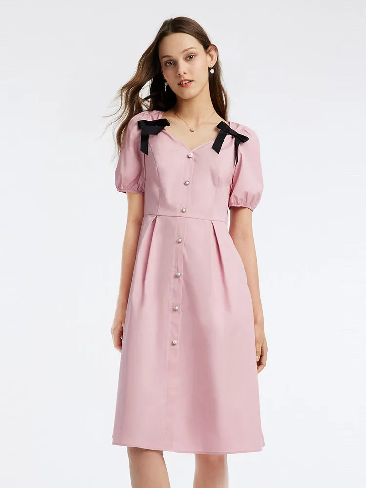 V-Neck Bow Gathered Waist Knee-Length Dress sold by Goelia product image thumbnail 2