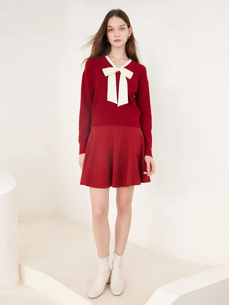 Red Bowknot Patchwork Woven Sweater sold by Goelia product image thumbnail 2