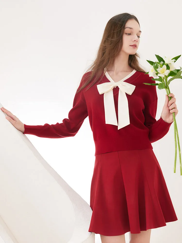 Red Bowknot Patchwork Woven Sweater sold by Goelia product image thumbnail 4