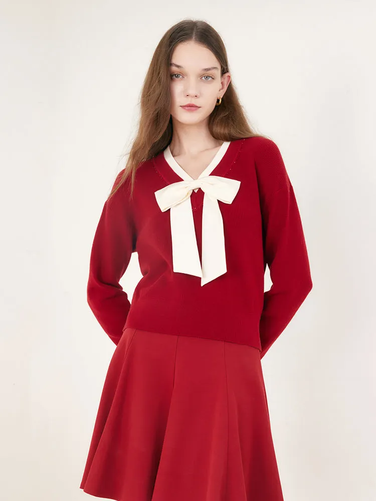 Red Bowknot Patchwork Woven Sweater sold by Goelia product image thumbnail 5