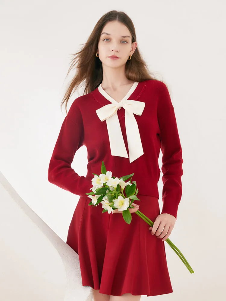 Red Bowknot Patchwork Woven Sweater sold by Goelia product image thumbnail 3