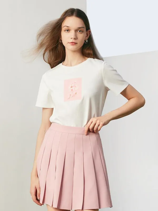 White Floral Print Woven T-shirt sold by Goelia