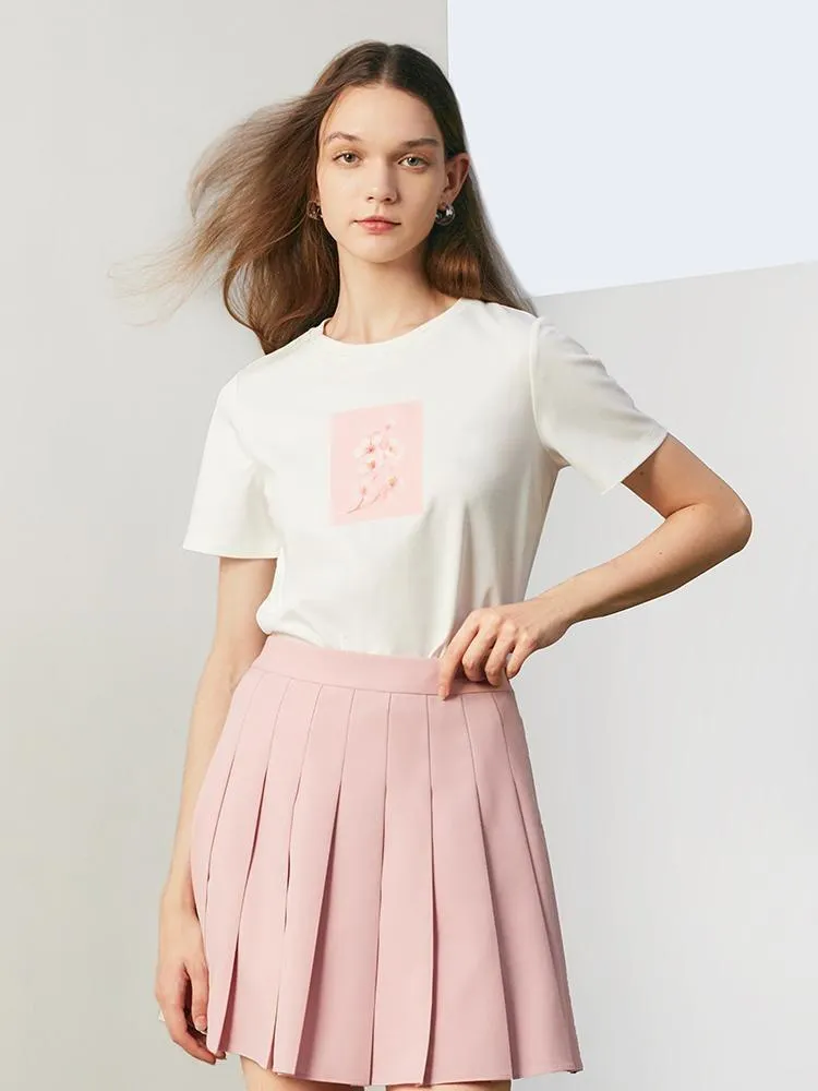 White Floral Print Woven T-shirt sold by Goelia