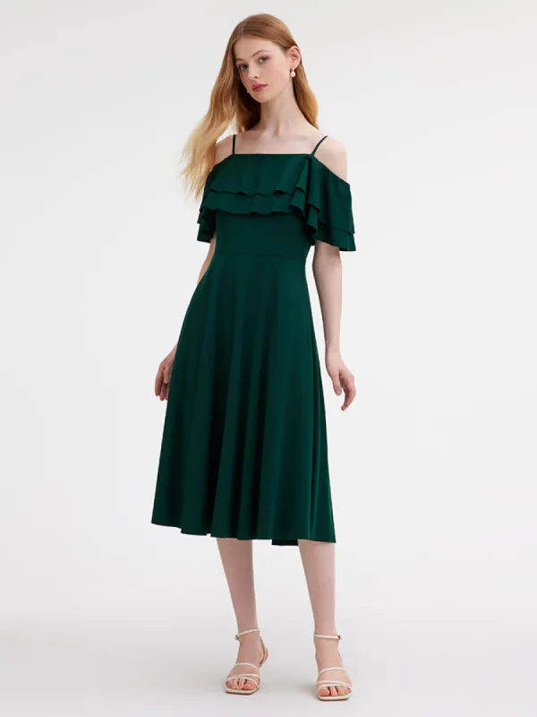 Off Shoulder Ruffle Trim Knitted Midi Dress sold by Goelia