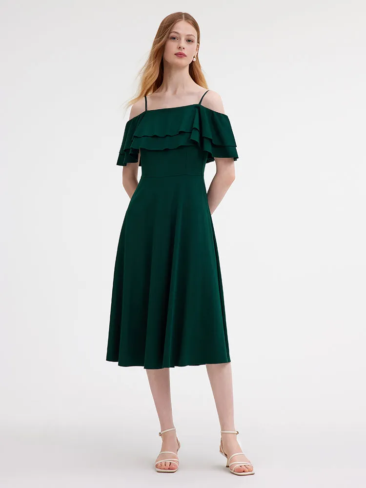 Off Shoulder Ruffle Trim Knitted Midi Dress sold by Goelia product image thumbnail 4